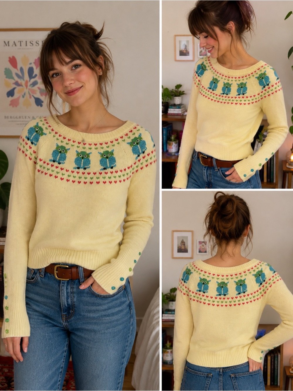 Urban Outfitters Lux Owl Sweater Women’s M Yellow Wool Blend Y2K Twee Fair Isle